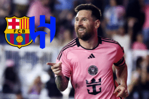 Lionel Messi sonriente con la camiseta de Inter Miami, junto a los escudos de Barcelona y Al-Hilal, en medio de rumores sobre su salida.