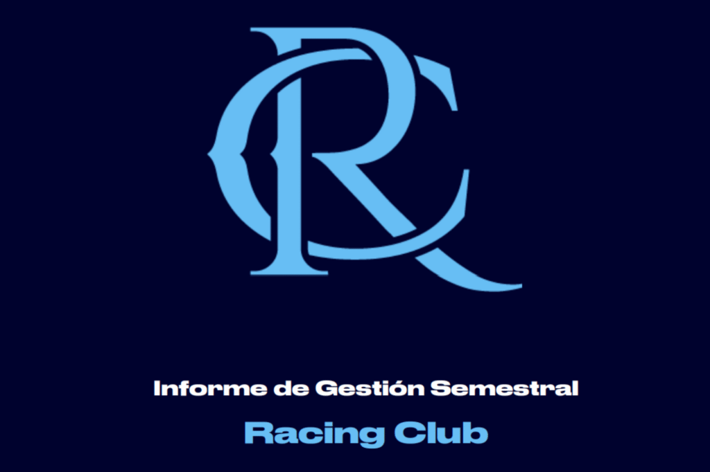 Logo de Racing Club con el título 'Informe de Gestión Semestral' en fondo azul, representando la presentación oficial de la gestión de Diego Milito.